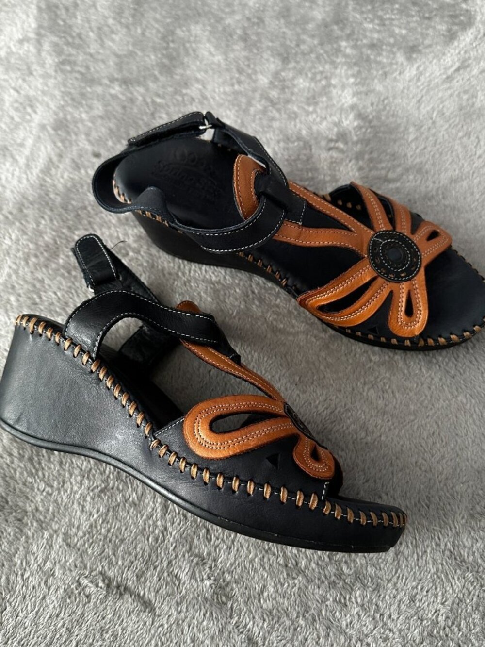 Spring Step Cathy Leather Slingback Wedge Sandals Shoes 39 US 8.5 Brown Black